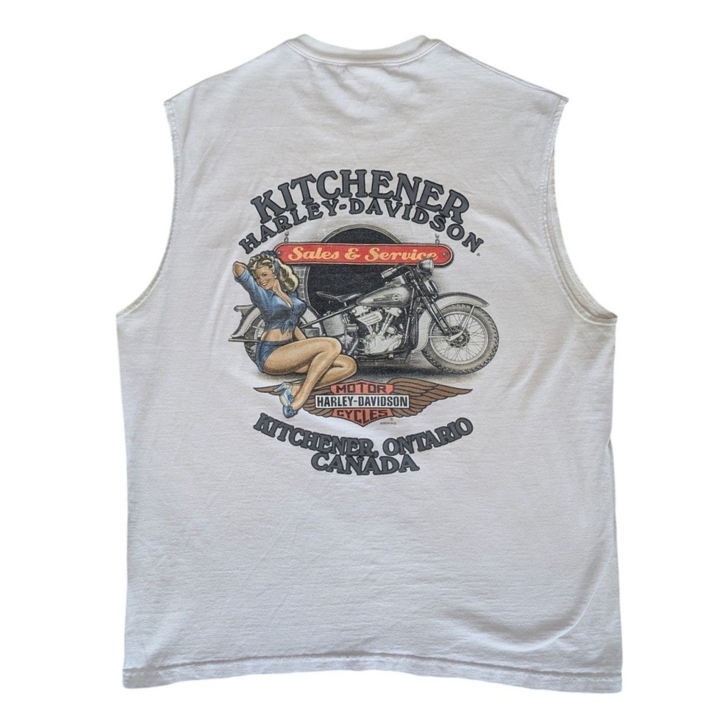 Harley Davidson Kitchener Ontario Large White Pin Up‎ Tank Top Graphic Summer